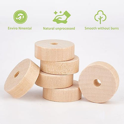 OLYCRAFT 60pcs Unfinished Wood Wheels 1.2 Inch Diameter Blank Wood Slices 6.5~7mm Hole Round Wheel Wooden Pieces Unfinished Blank Slices Natural Wood