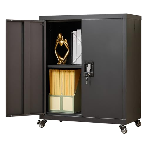 GREATMEET Metal Storage Cabinet with Wheels, Locking Cabinet with Doors and Shelf, Metal Cabinet for Tool Storage, Lockable Metal Cabinet Easy