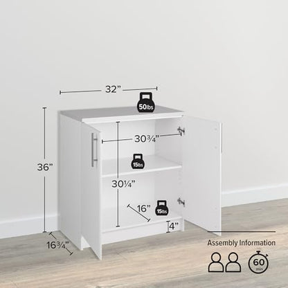 Prepac Elite 32" Storage Cabinet, White Storage Cabinet, Base Cabinet, Bathroom Cabinet with 1 Adjustable Shelf 18" D x 32" W x 36" H, WEB-3216