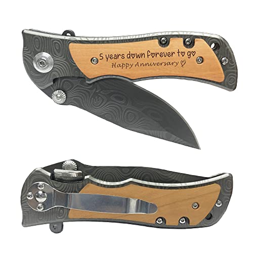 XJF Engraved Wooden Pocket Knife Gift - 5 Years Down Forever to Go, 5th Wood Wedding, 5th Wedding Anniversary Keepsake Gift for Husband, Men, 5 Years XJF