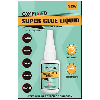 CYAFIXED Super Glue Liquid, All-Purpose Superglue, Cyanoacrylate Instant Adhesive for Plastic, Wood, Metal, Repair - 25 Gram, Clear - WoodArtSupply