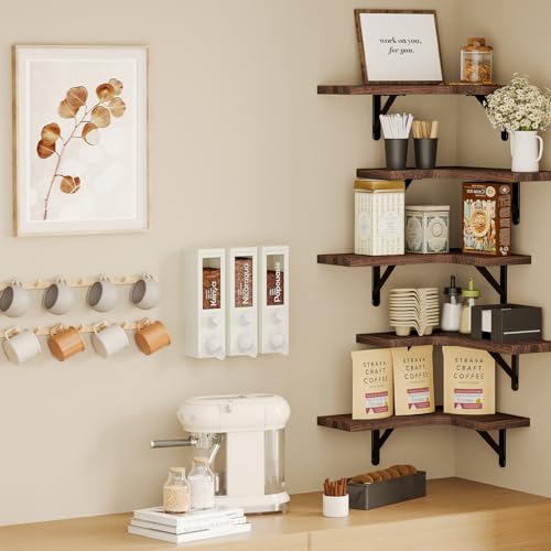 Fixwal Corner Floating Shelves Set of 5, Wall Mounted Corner Shelf, Rustic Wood Wall Shelves for Bathroom, Kitchen, Bedroom, Home Decor, Laundry Fixwal