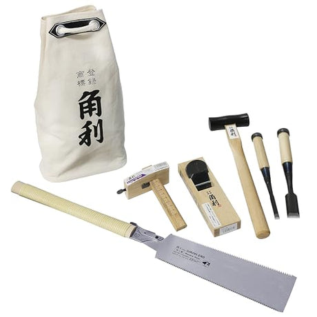 KAKURI Japanese Woodworking Hand Tools Set for Beginner 7 Pcs (Japanese Plane, Chisels, Saw, Hammer, Marking Gauge, Bag) Made in JAPAN KAKURI