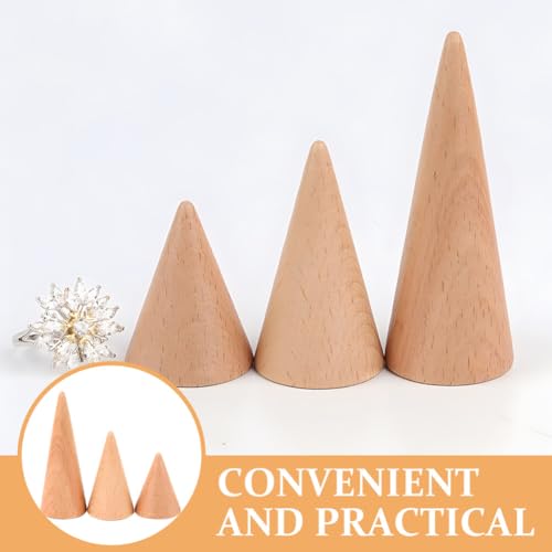 STOBAZA 3PCS Wooden Cone Ring Holders Unpainted Finger Ring Display Stand Jewelry Organizer Display Rack DIY Craft Wood Cone Stand - WoodArtSupply