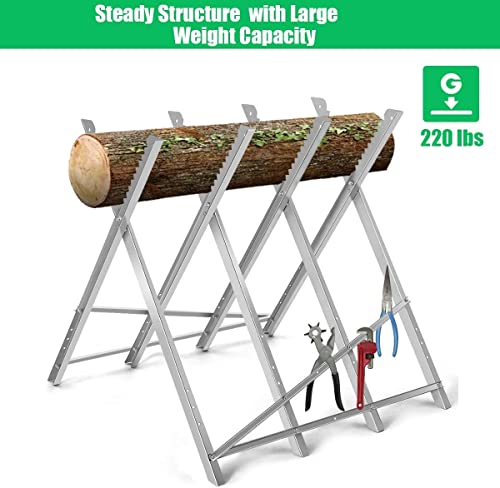 Goplus Portable Folding Sawhorse, Adjustable Steel Sawbuck for Firewood, Heavy Duty 220 lbs Sawhorse Work Table, Lightweight Log Wood Cutting Saw Goplus