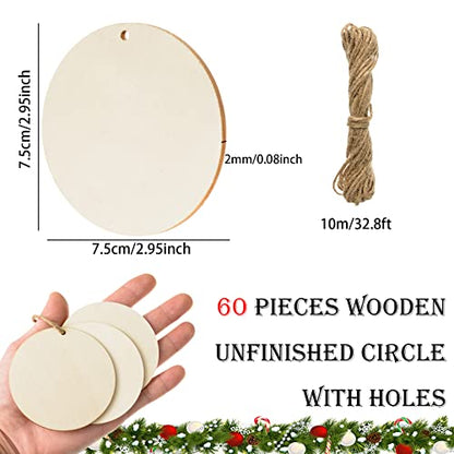 60 Pieces Unfinished Wooden Circles with Holes, 3 Inch Round Wooden Discs Slices for Crafts, Blank Round Wood Cutouts Wooden Tags Ornaments for Sign