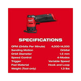 Milwaukee 2531-20 12V Brushless Cordless Orbital Detail Sander (Tool Only) Red and Black Milwaukee