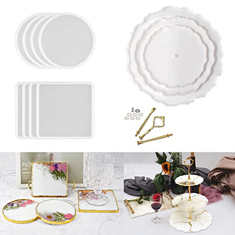 ResinWorld 3 Tier Resin Mold, Cake Stand Molds for Resin + 8 Pack Thick 4 inches Resin Coaster Molds Set ResinWorld