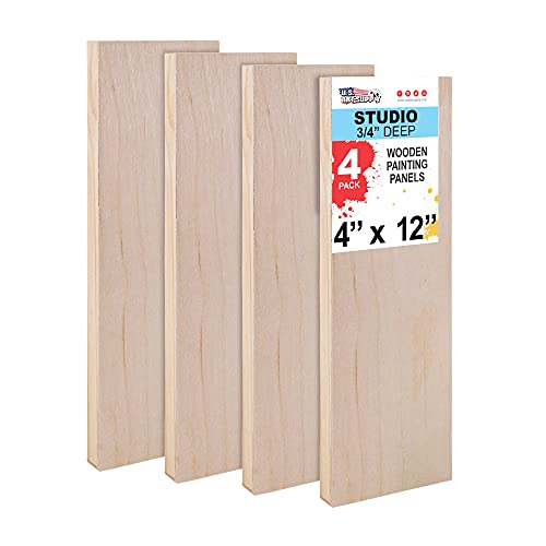 U.S. Art Supply 4" x 12" Birch Wood Paint Pouring Panel Boards, Studio 3/4" Deep Cradle (Pack of 4) - Artist Wooden Wall Canvases - Painting U.S. Art Supply
