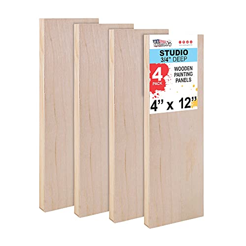U.S. Art Supply 4" x 12" Birch Wood Paint Pouring Panel Boards, Studio 3/4" Deep Cradle (Pack of 4) - Artist Wooden Wall Canvases - Painting
