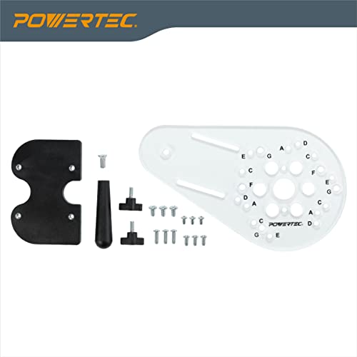 POWERTEC Offset Router Plate w/Edge Routing Reversible Fence, Multiple Letter-Marked Predrilled Holes, Knobs and Screws for Adaptive Mounting. Fits POWERTEC