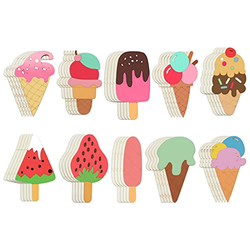 50PCS Unfinished Ice Cream Wood Cutouts 10 Styles Summer DIY Blank Unfinished Wooden Cutouts for Crafts Ice Cream Ornament for Kids Painting, DIY