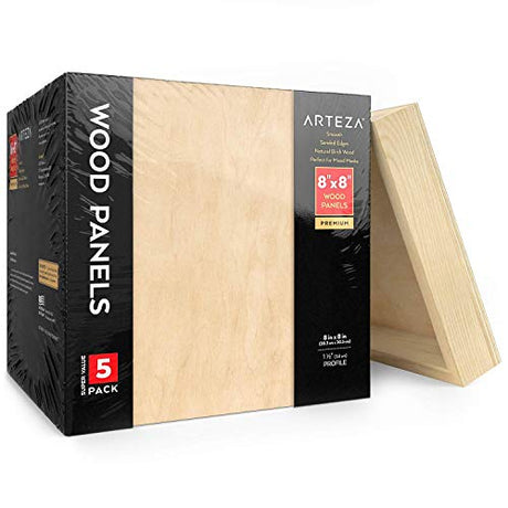 Arteza Wooden Canvas Board, 8x8 Inch, Pack of 5, Birch Wood, Cradled Artist Wood Panels for Painting, Encaustic Art, Wood Burning, Pouring, Use with ARTEZA