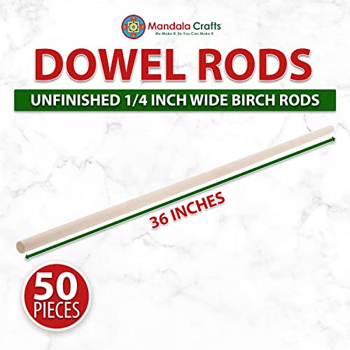 Mandala Crafts ¼ Inch Birch Wooden Dowel Rods 36 Inches - 50 Round Wood Sticks for Crafts Macrame - Natural Unfinished Wood Dowels for Cake Dowels Mandala Crafts