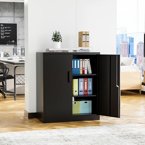 STANI Metal Storage Cabinet with 2 Adjustable Shelves, Steel Counter Cabinet with Lockable Doors for Home Office (Black) STANI