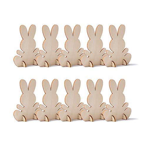 Samanter Unfinished Wooden Easter Bunny 3D Rabbit Wooden Stand Ornament Cutouts Craft for DIY Painting Table Decoration Easter Birthday Gift 10Pack