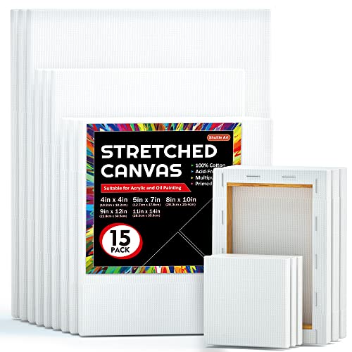 Shuttle Art Stretched Canvas, 15 Multi Pack, 4x4, 5 x 7, 8 x 10, 9x12, 11 x 14 Inches (3 of Each), 100% Cotton, Primed White Painting Canvas, Art Shuttle Art