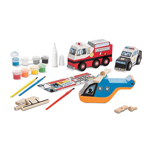 Melissa & Doug Created by Me! Rescue Vehicles Wooden Craft Kit - Decorate-Your-Own Police Car, Fire Truck, Helicopter - WoodArtSupply