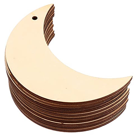 EXCEART 10pcs Moon Wood Cutouts Moon Shaped Unfinished Wood Slices Predrilled Blank Wood Crafts Chips Tags Embellishments Ornament for DIY Pendant EXCEART