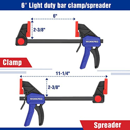 WORKPRO Mini Bar Clamps for Woodworking, 6"(2) and 4-1/2"(2), 4-Piece One-Handed Clamp/Spreader, Light-Duty Quick-Change F Clamp with 150lbs Load