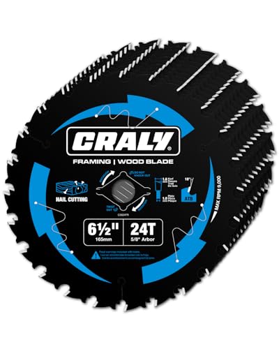 CRALY 6-1/2 Inch 24 Teeth Wood Cutting Framing Circular Saw Blade, 5/8 Inch Arbor, Carbide Tipped, Thin Kerf, Black Ice Coating, for Plywood, MDF, - WoodArtSupply