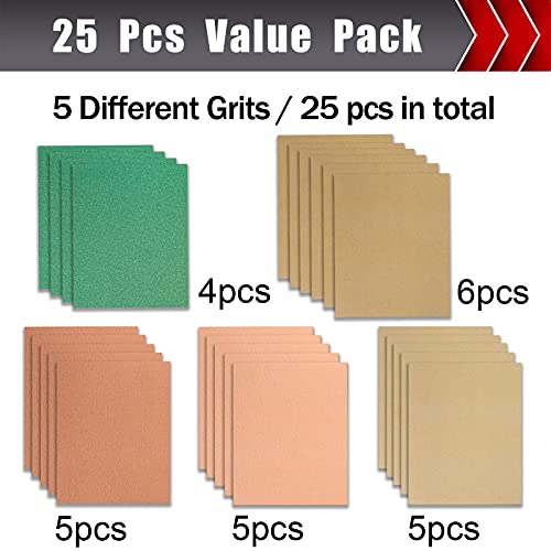 BOSHCRAFT 25 PCS Sandpaper, Sandpaper Assortment Sandpaper for Wood Metal Furniture Hand Sander Sand Paper 80/120/150/220/320 Grit Sandpaper Sheets