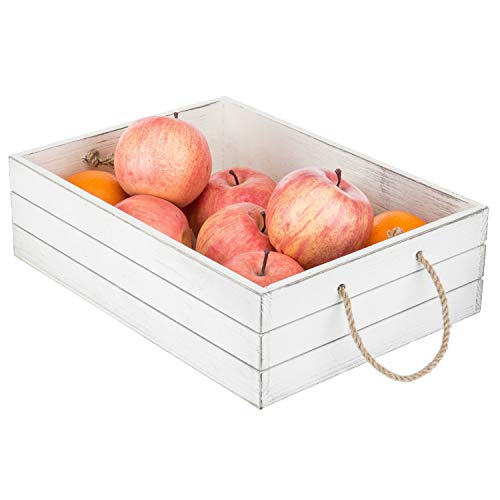 MyGift Vintage White Wooden Storage Bin with Rope Handles, Decorative Open Top Small Wood Box