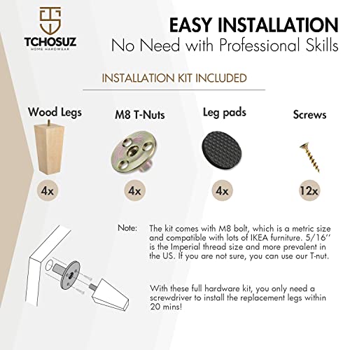 4 Inch / 10 cm Wooden Furniture Legs, Tchosuz Set of 4 Solid Wood Mid-Century Modern Pyramid Replacement Feets with 5/16 inch Bolt & Rubber Floor WoodArtSupply