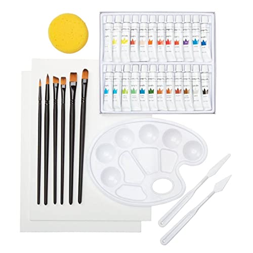 KINGART Acrylic Paint Starter Art Set, 24 Paints, Cotton Canvas, Brushes, Plastic Palette, Mixing Palette Knife, Sponge, Beginner/Student, 36 pc. KINGART