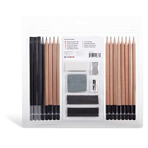 KINGART Pro Artist Sketching and Drawing Pencil Kit, Pencils, Charcoal & Graphite Sticks, Erasers, Sharpeners, All Skill Levels, 26 pc. KINGART