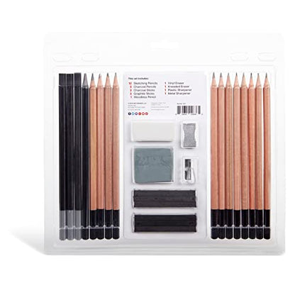 KINGART Pro Artist Sketching and Drawing Pencil Kit, Pencils, Charcoal & Graphite Sticks, Erasers, Sharpeners, All Skill Levels, 26 pc. - WoodArtSupply