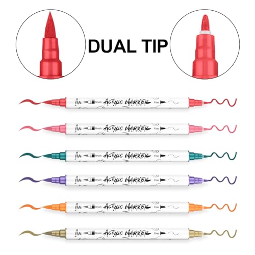 TRANSON 36 Colors Acrylic Paint Marker Pen Set Fine and Brush Dual-tip for Canvas Rock Wood Leather Ceramic DIY Painting TRANSON