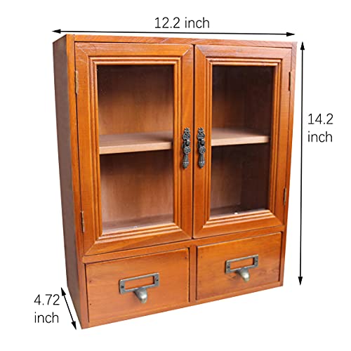 VKSG Multi-Colour Wooden Storage Cabinet with Glass Double Doors, Adjustable Shelf, and Two Drawers - WoodArtSupply