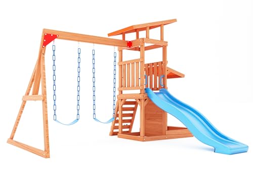 Dolphin Playground Swing Sets for Backyard with Slide, Wooden Outdoor Playset for Kids with Sandbox, Rock Climbing Wall, 2 Belt Swings, and Fort, - WoodArtSupply