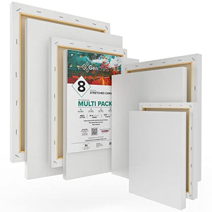 GenCrafts Stretched White Canvas Multi Pack - 5x7, 8x10, 9x12, 11x14 (2 of Each) Set of 8 - Triple Primed - 100% Cotton - for Acrylic, Oil, Other Wet - WoodArtSupply