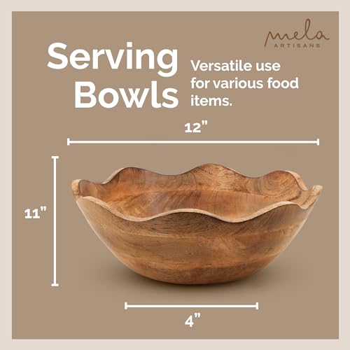 Mela Artisans Wooden Scalloped Bowl - Large | Ruffle Decorative Style | Rustic Kitchen Decor | Mango Wood | Natural Grain Finish | Fits Bread, Mela Artisans