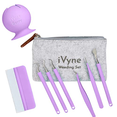 iVyne (8pcs) Premium Vinyl Weeding Tool Kit & Weeding Scrap Collector Soft Grip Tools with Berry, Weeder, Tweezers, Picker Or Hook, and Scraper Set iVyne