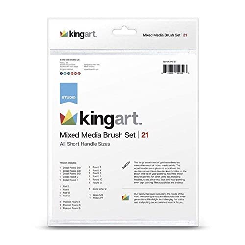 KINGART Studio Mixed Media Brush Set, Set of 21, Variety of Shapes &Sizes, Gold Nylon Filament, Black Gloss Lacquered Handle with Black Ferrule, KINGART