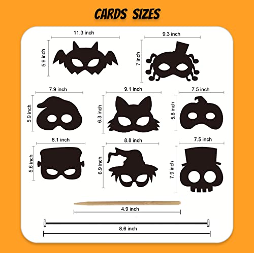 Magic Masks, 8PCS Rainbow Scratch Paper Halloween Masks DIY Art Craft Kit Ghost Skeleton Cat Witch Pumpkin Bat Spider Mask Decorations for Kids Holiberty