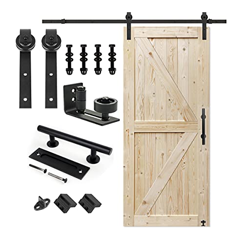 S&Z TOPHAND 36 in. x 84 in. Unfinished British Brace Knotty Barn Door with 6.6FT Sliding Door Hardware Kit/Solid Wood/Sliding Door/Double Surfaces/A - WoodArtSupply