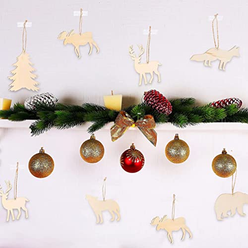 Sewroro 30pcs Unfinished Wooden Cutouts DIY Animal Wood Slices Elk Xmas Tree Fox Wolf Blank Discs Xmas Tree Hanging Ornament Decoration for DIY