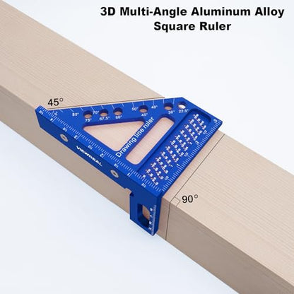 3D Multi-Angle Aluminum Alloy Woodworking Square Ruler, 22.5-90 Degree Protractor, High Precision Miter Triangle Ruler for Engineers, Carpenters, and
