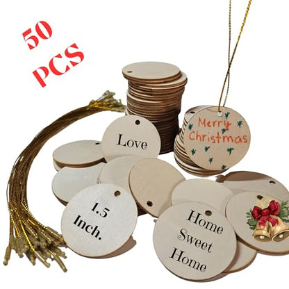 50 pcs Unfinished Blank Wooden Discs Natural Single Hole Round Tags Wooden Craft Circles Mini Christmas Tree Ornament Christmas Wooden Hanging
