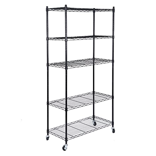 SUPER DEAL Black 5-Shelf Heavy Duty Storage Wire Shelving Unit with Wheels for Restaurant Garage Pantry Kitchen Garage Rack (30L x 14W x 63H)