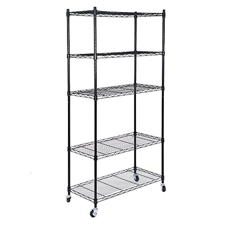SUPER DEAL Black 5-Shelf Heavy Duty Storage Wire Shelving Unit with Wheels for Restaurant Garage Pantry Kitchen Garage Rack (30L x 14W x 63H) SUPER DEAL
