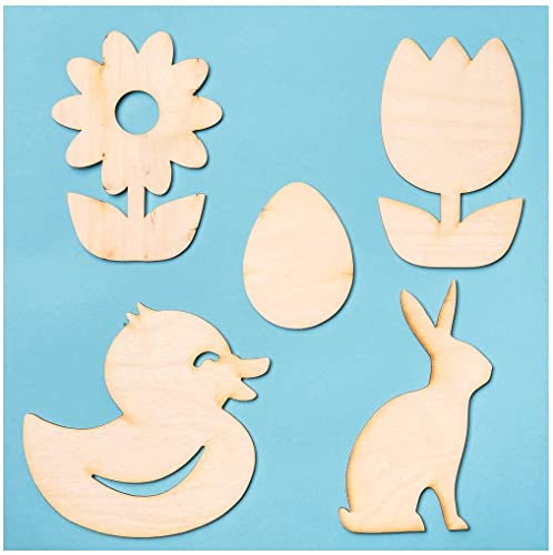 Pack of 15 Unfinished Wood Assorted Springtime Cutouts by Factory Direct Craft - Bunnies, Ducks, Eggs and Flowers Wooden DIY Shapes for Scouts,