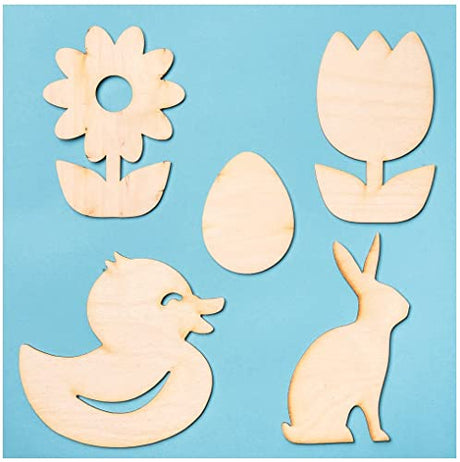 Pack of 15 Unfinished Wood Assorted Springtime Cutouts by Factory Direct Craft - Bunnies, Ducks, Eggs and Flowers Wooden DIY Shapes for Scouts, Factory Direct Craft