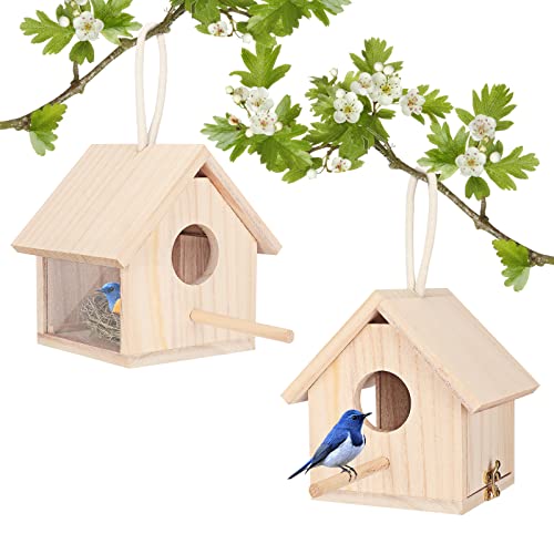 YUEPET 2Pcs Outdoor Bird Houses Transparent Wooden Bird House for Outside with Lanyard and Screws,Hanging Birdhouse Clearance for Finch Bluebird YUEPET