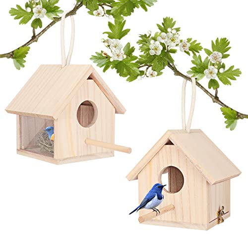 YUEPET 2Pcs Outdoor Bird Houses Transparent Wooden Bird House for Outside with Lanyard and Screws,Hanging Birdhouse Clearance for Finch Bluebird - WoodArtSupply