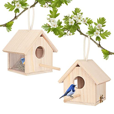 YUEPET 2Pcs Outdoor Bird Houses Transparent Wooden Bird House for Outside with Lanyard and Screws,Hanging Birdhouse Clearance for Finch Bluebird